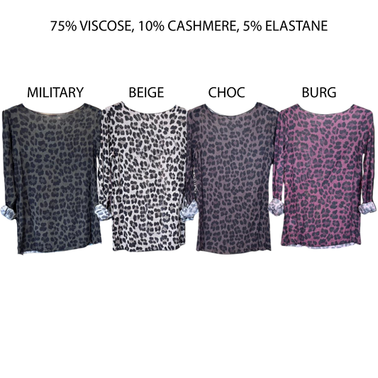 BRYNLEE MIX CASHMERE KNIT CHEETAH PRINT TOP