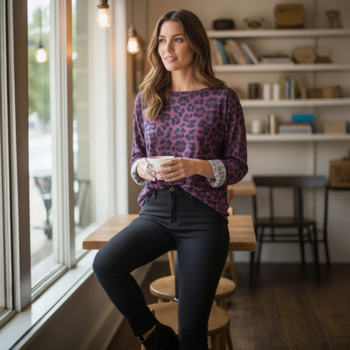 BRYNLEE MIX CASHMERE KNIT CHEETAH PRINT TOP