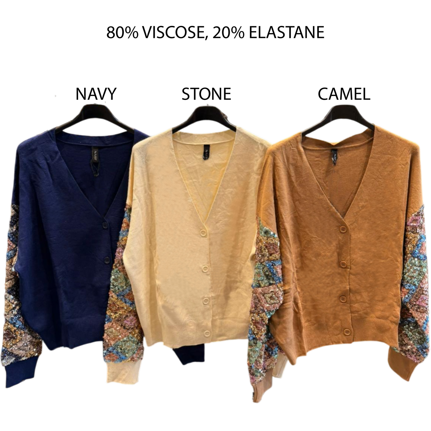 REBECCA VISCOSE JERSEY KNIT SEQUIN SLEEVE CARDIGAN