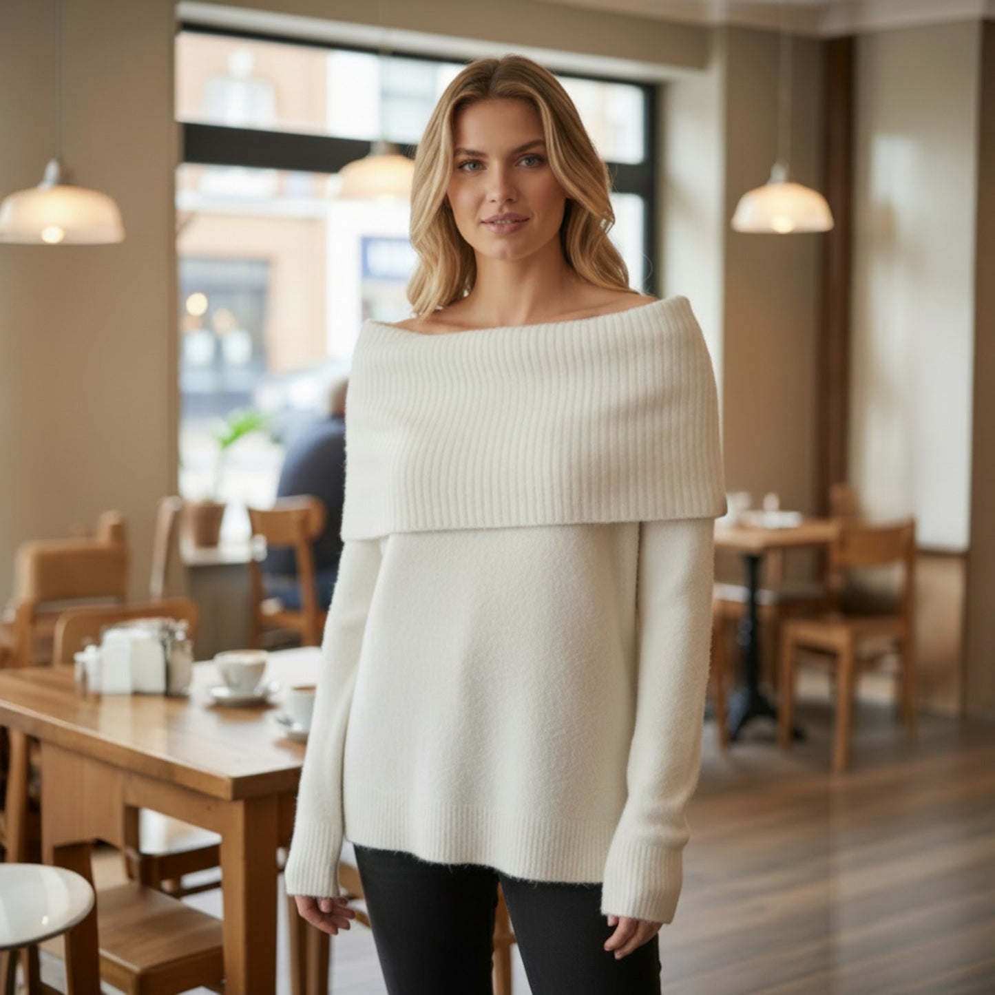 BRIELLE RIB KNIT FOLD OVER SHOULDER TOP
