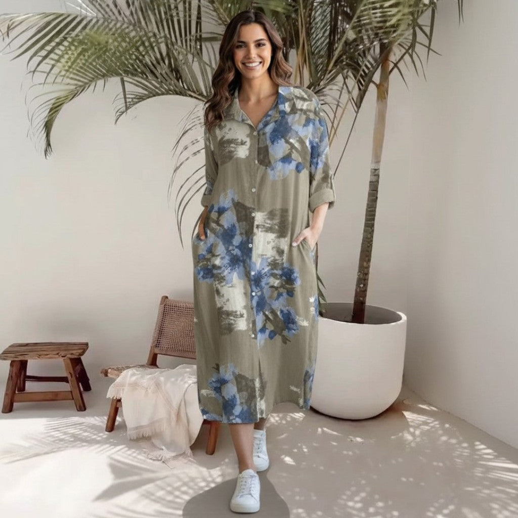 ANNETTE COTTON FLORAL LONG SHIRT DRESS