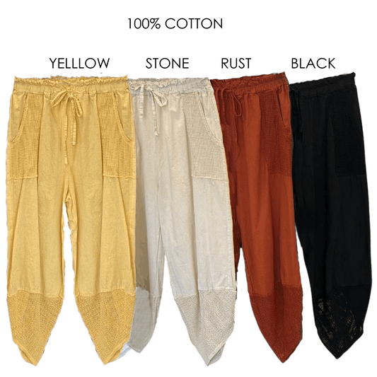 OLIVE COTTON MIX NET BARREL PANTS