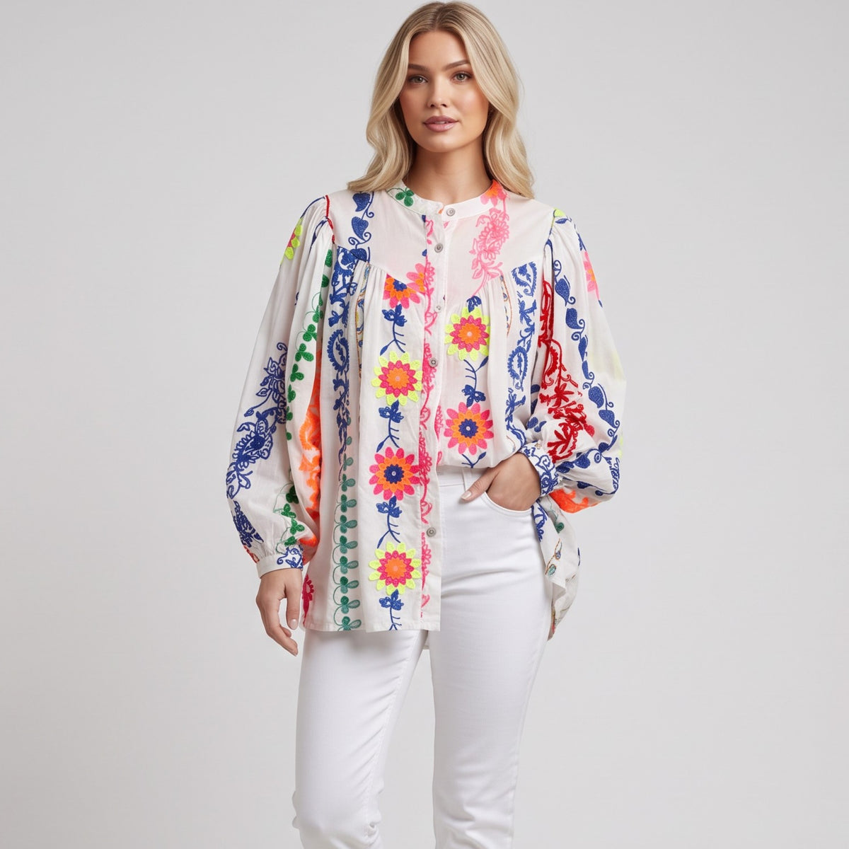 WHITNEY COTTON EMB BUTTON FRONT BLOUSE