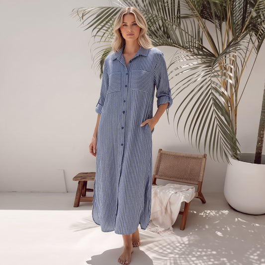 KORA COTTON STRIPE BUTTON FRONT SHIRT DRESS