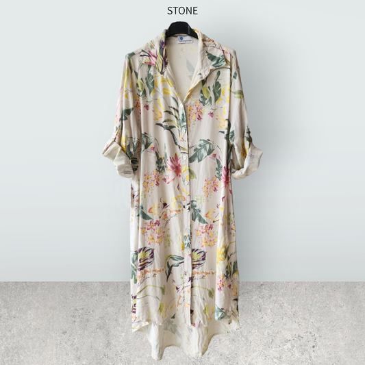 JUNIA LINEN PRINTED BUTTON-UP SHIRT DRESS