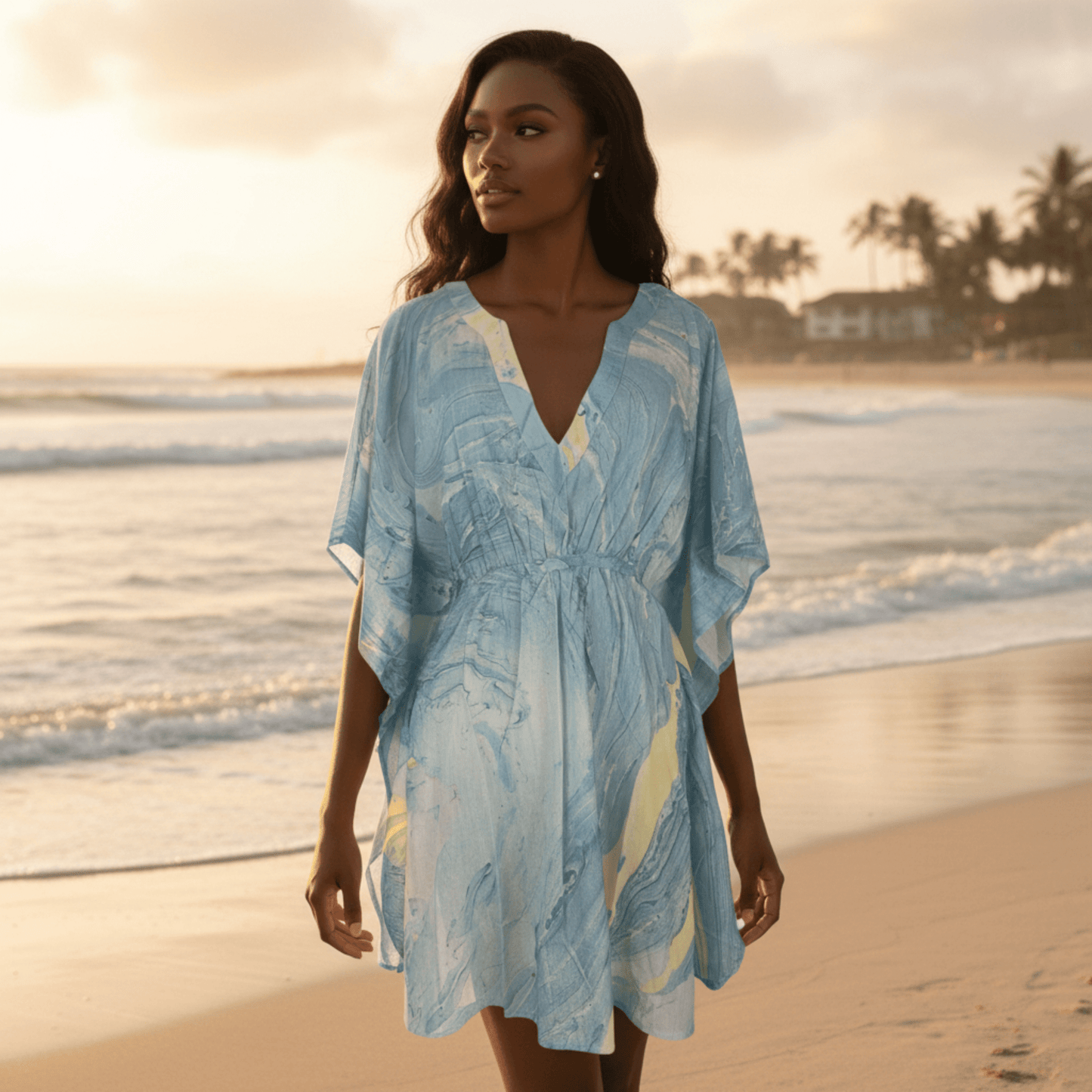 MARBLE PRINT SHORT KAFTAN DRESS