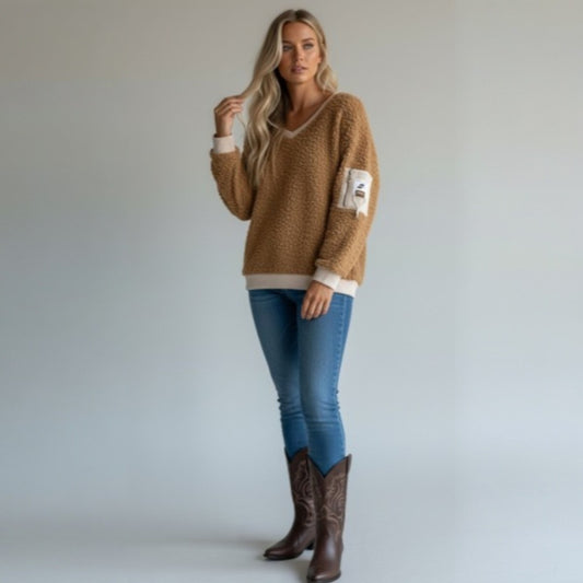 LANA FLUFFY KNIT VNECK CONTRAST TRIM TOP