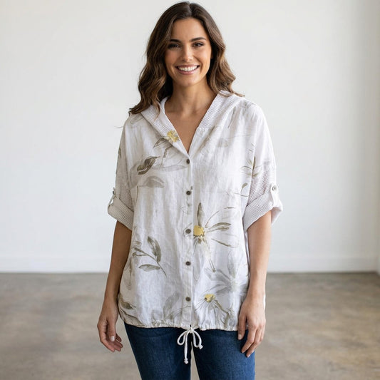 JOHANNA LINEN MIX FLOWER PRINT DRAW STRING SHIRT