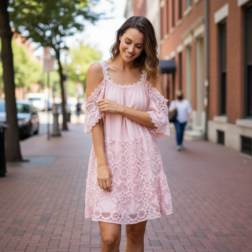COTTON LACE OPEN SLEEVE DRESS
