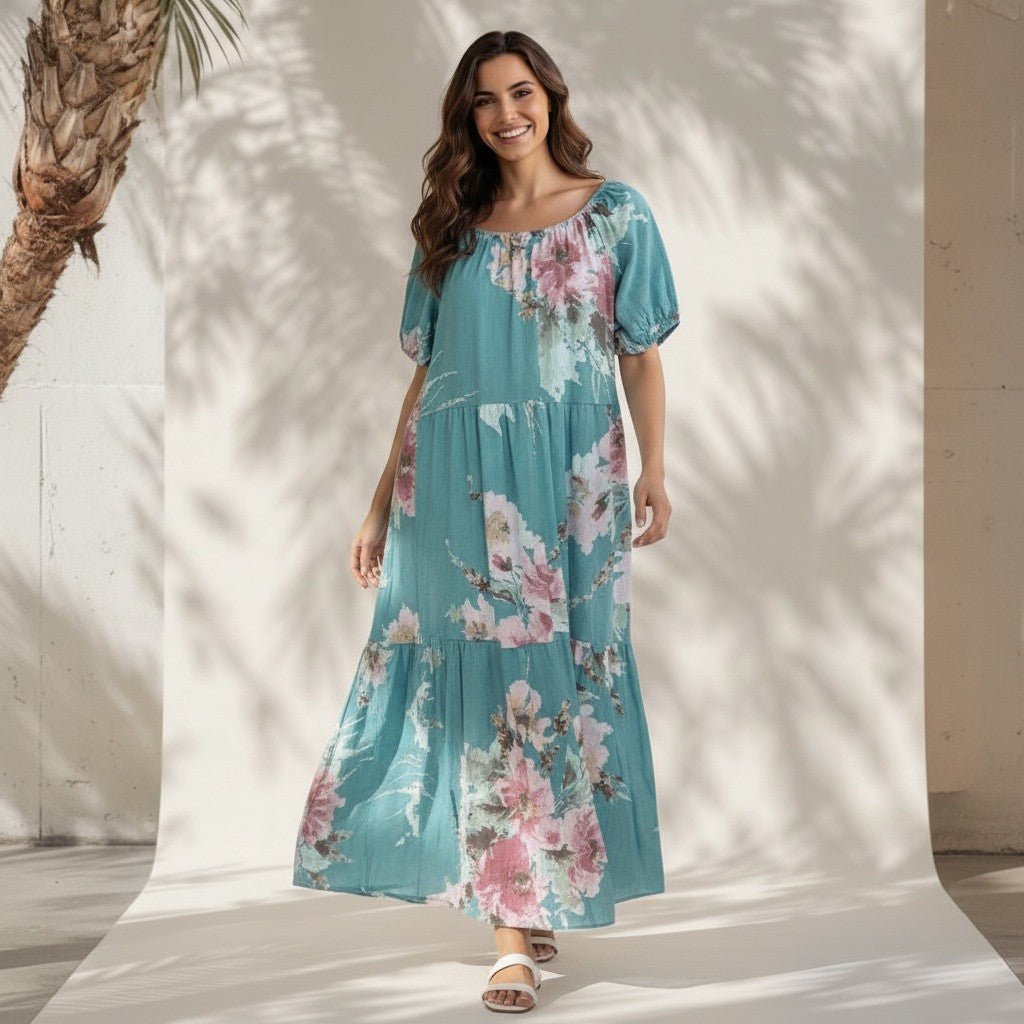 ISABEL COTTON FLORAL 0PRINT LONG DRESS