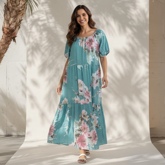 ISABEL COTTON FLORAL 0PRINT LONG DRESS
