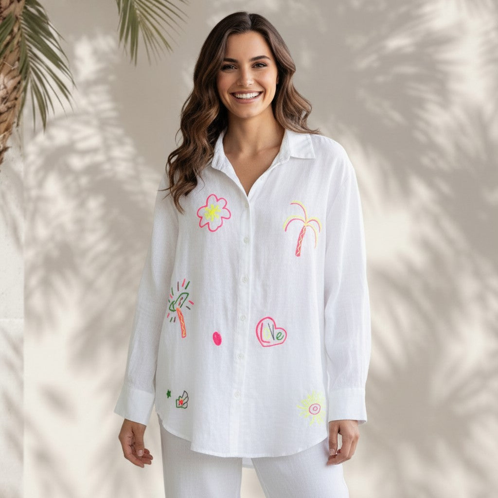PRISCILLA LINEN EMB SHIRT