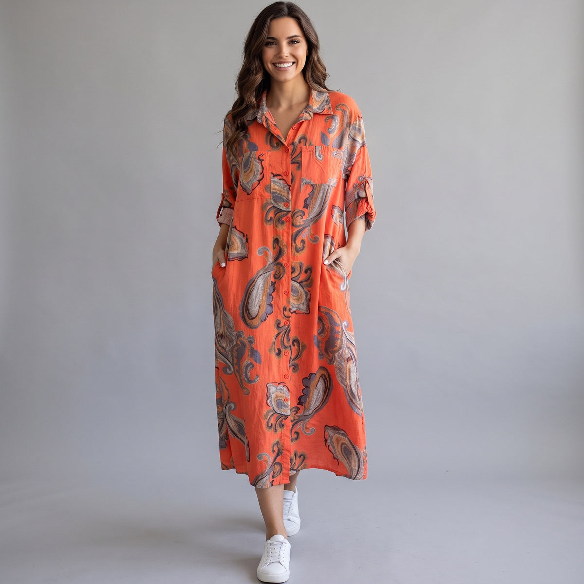 ORA COTTON PAISLEY PRINTED LONG SHIRT DRESS