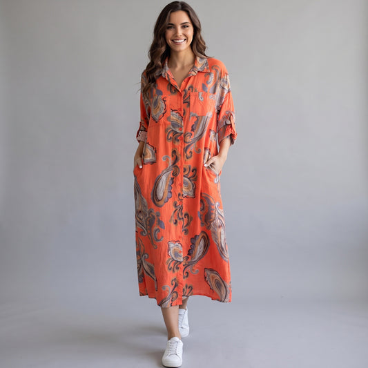 ORA COTTON PAISLEY PRINTED LONG SHIRT DRESS