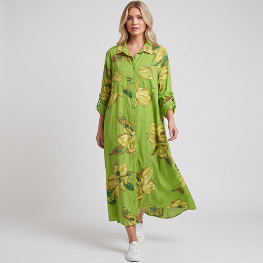LEONA VISCOSE FLORAL PRINT LONG SHIRT DRESS