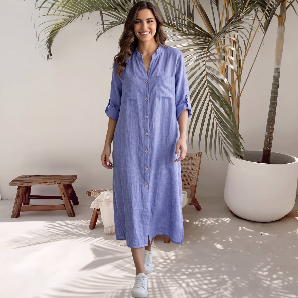 MARTA LINEN EMBROIDERY BACK LONG SHIRT DRESS