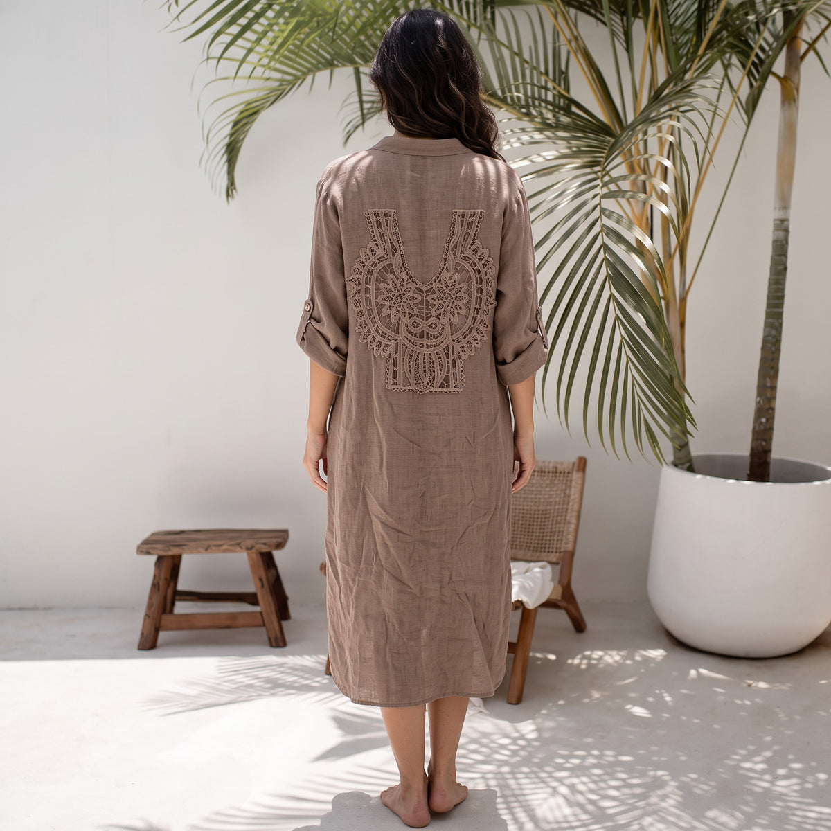 MARTA LINEN EMBROIDERY BACK LONG SHIRT DRESS
