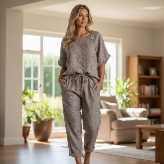 DRUSILLA LINEN EMB PANTS