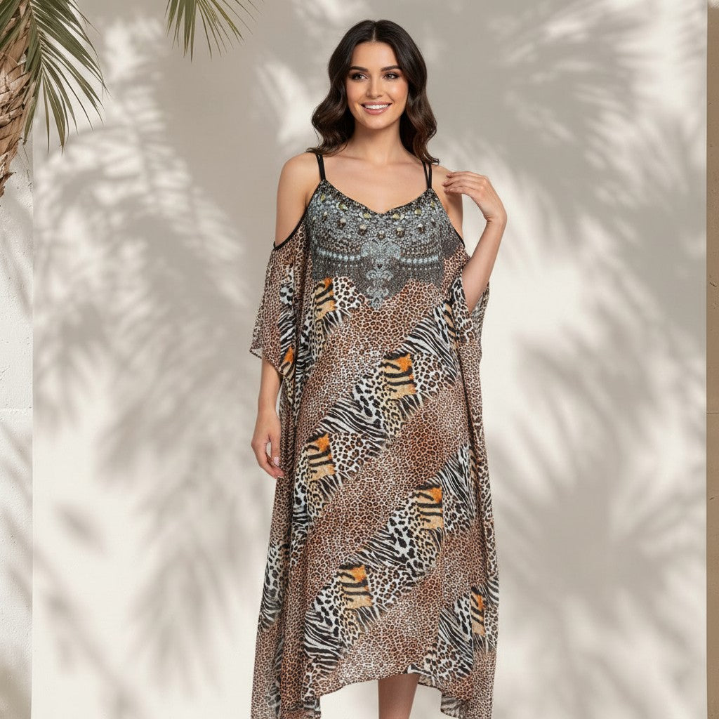LONG GEORGETTE OPEN SHOULDER KAFTAN
