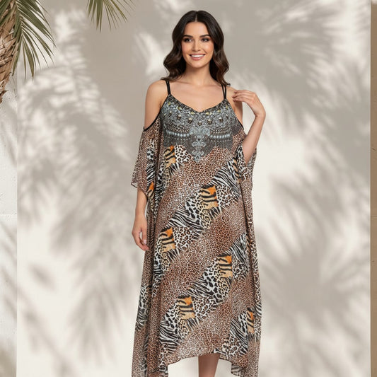 LONG GEORGETTE OPEN SHOULDER KAFTAN