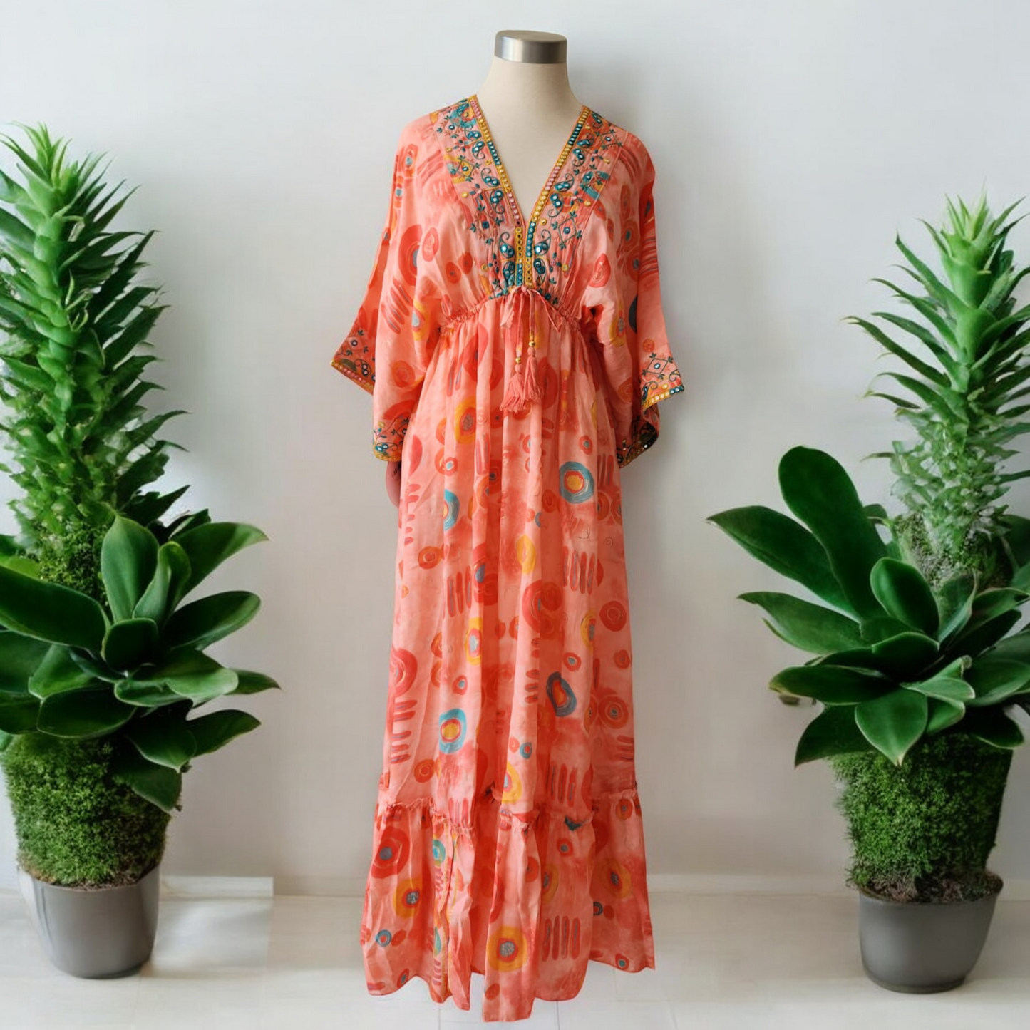 BRIA POLYSILK KIMONO MIRROR TRIM MAXI DRESS