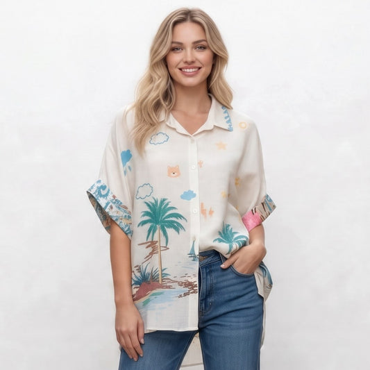 NANCY POLY LINEN PRINTED SHORT SLEEVE SHIRT