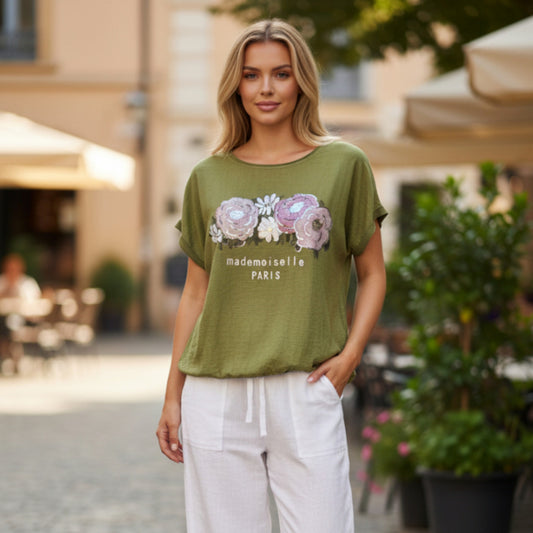 FERNADA COTTON VISCOSE KNIT FOIL FLOWERS TOP