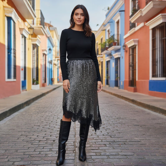 JORDAN SEQUIN ASSYMETRIC LACE HEM SKIRT