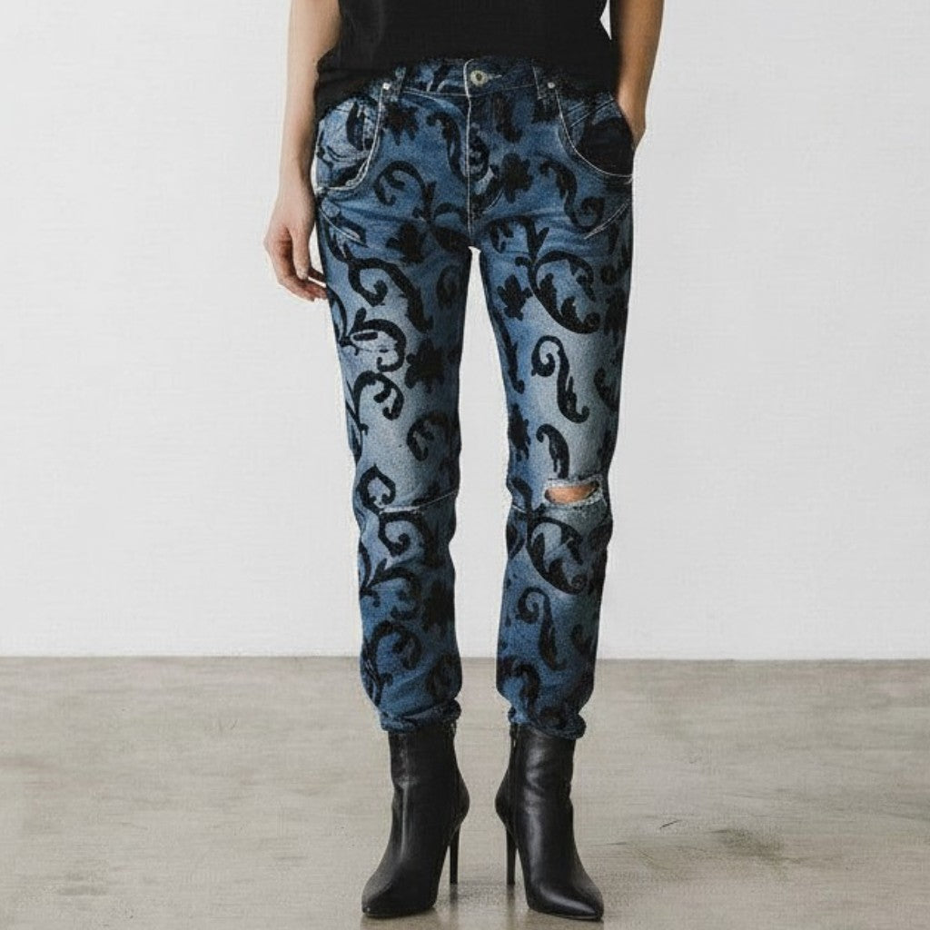 ADELAIDE STRETCH DENIM JEANS WITH FLEUR DE LIS FLOCKING