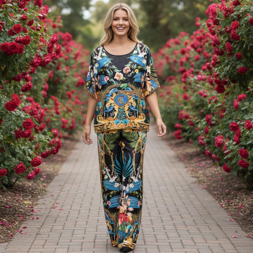 VICTORIA SATIN TAPESTARY PRINT PANTS SET