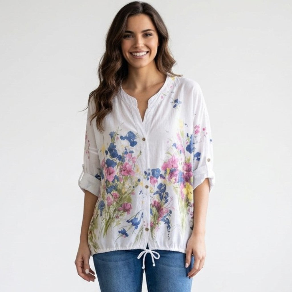NELLIE COTTON FLOWER PRINT DRAW STRING SHIRT