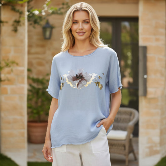 JIMENA COTTON VISCOSE KNIT FOIL HIBISCUS TOP