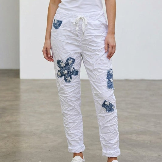 SONYA COTTON ELASTANE APPLIQUE FLOWER PANTS