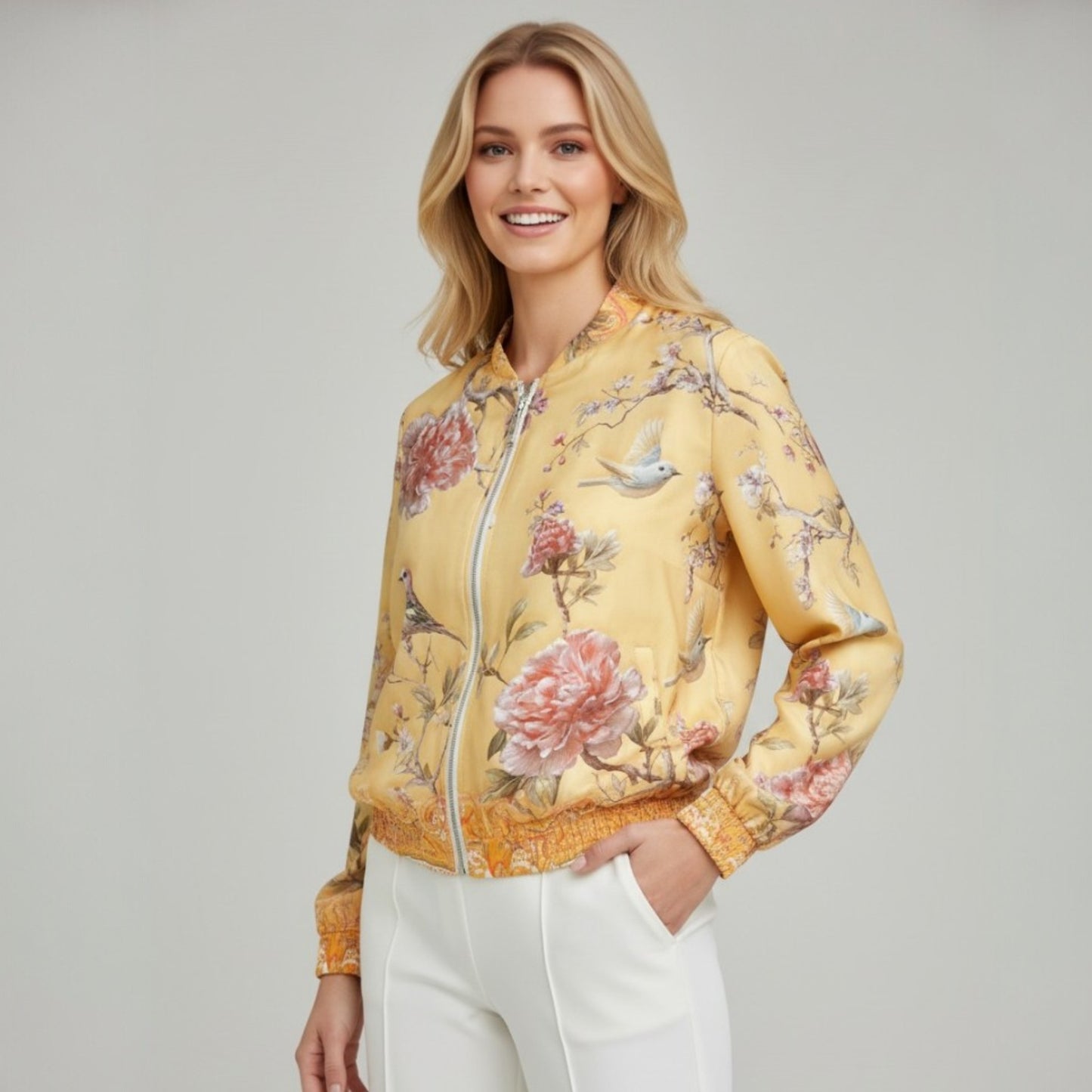 ALMA SILK MIX PRINTED BOMBER JACKET