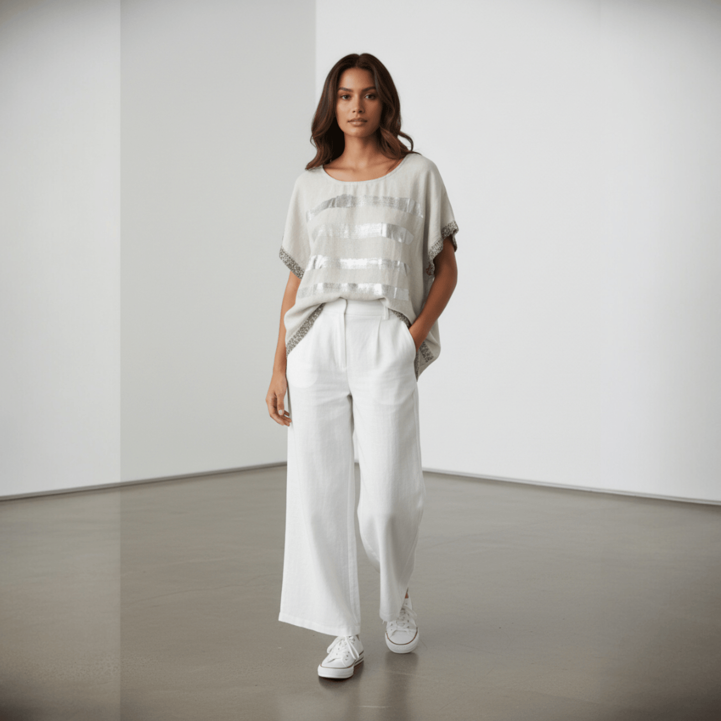 COTTON LINEN METALLIC STRIPE TOP