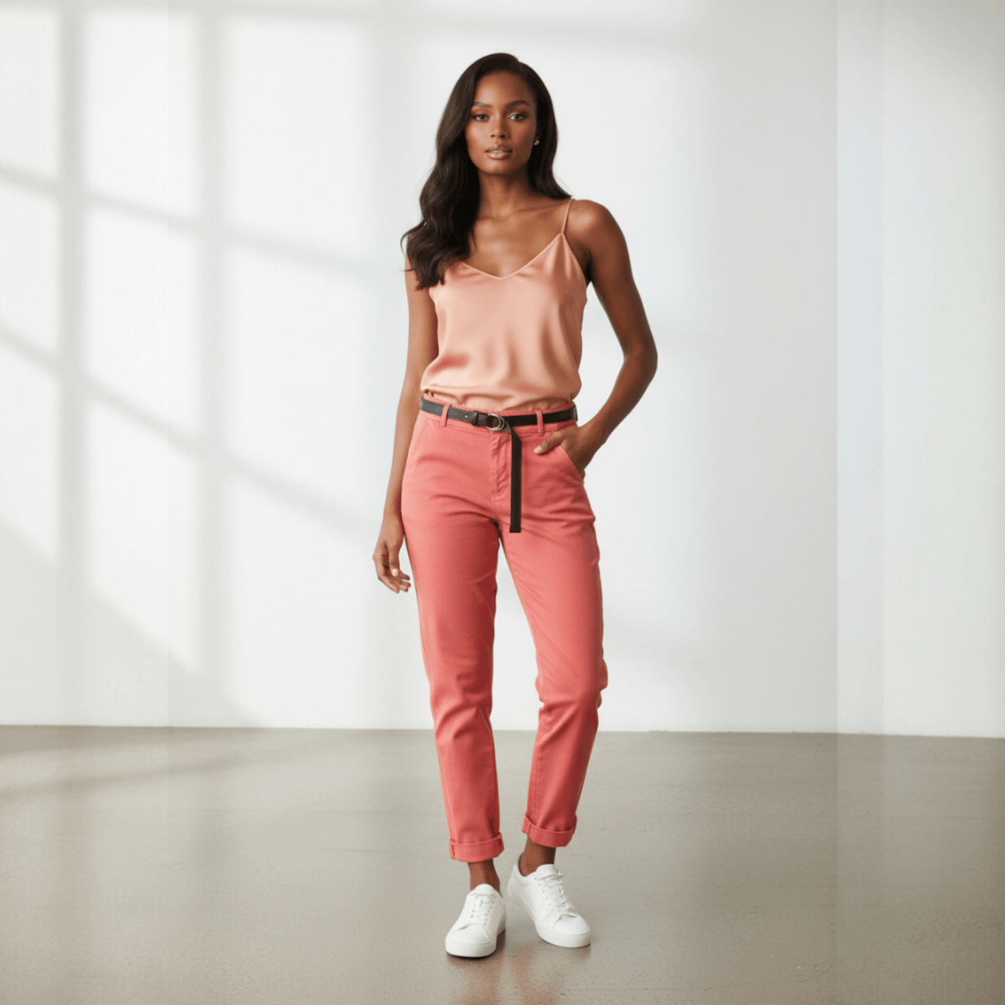 COTTON ELASTINE PLAIN PANTS WITH BELT