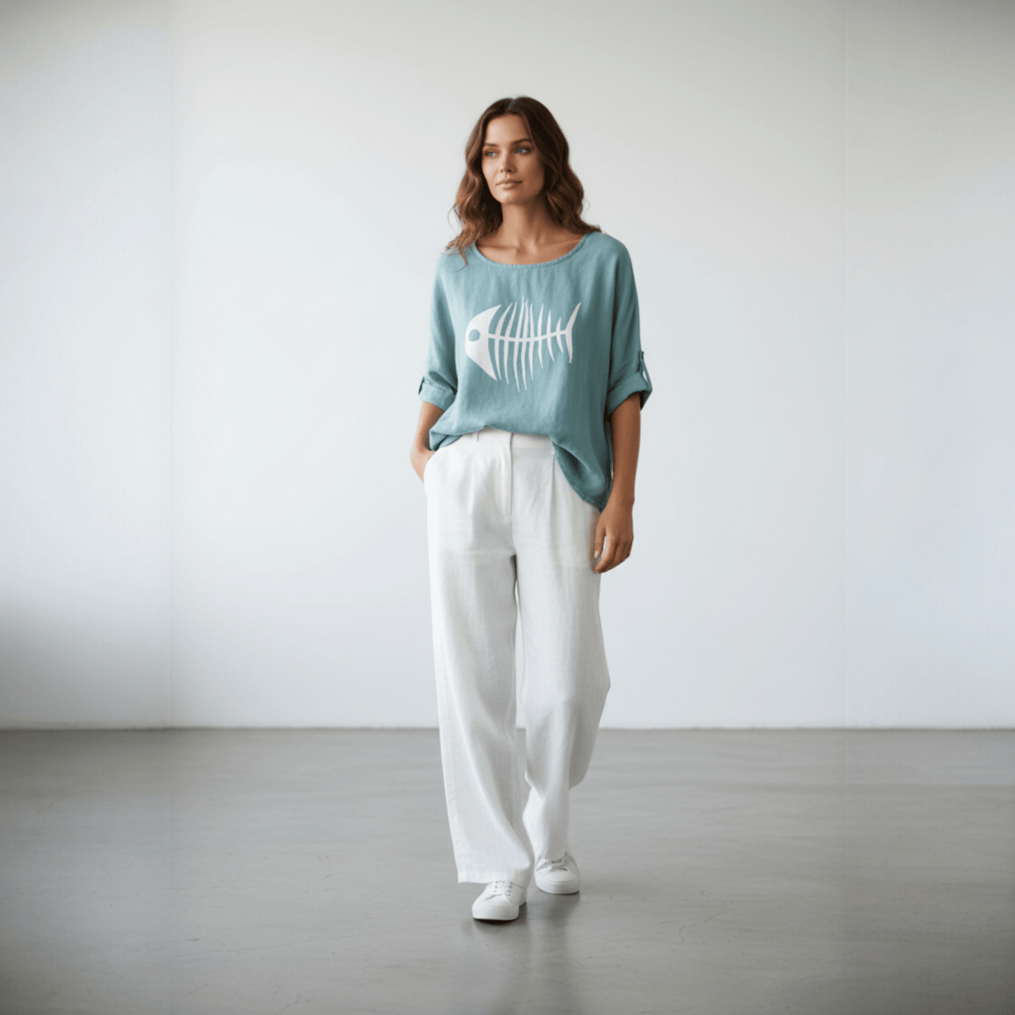 COTTON LINEN TOP  FISH PRINT