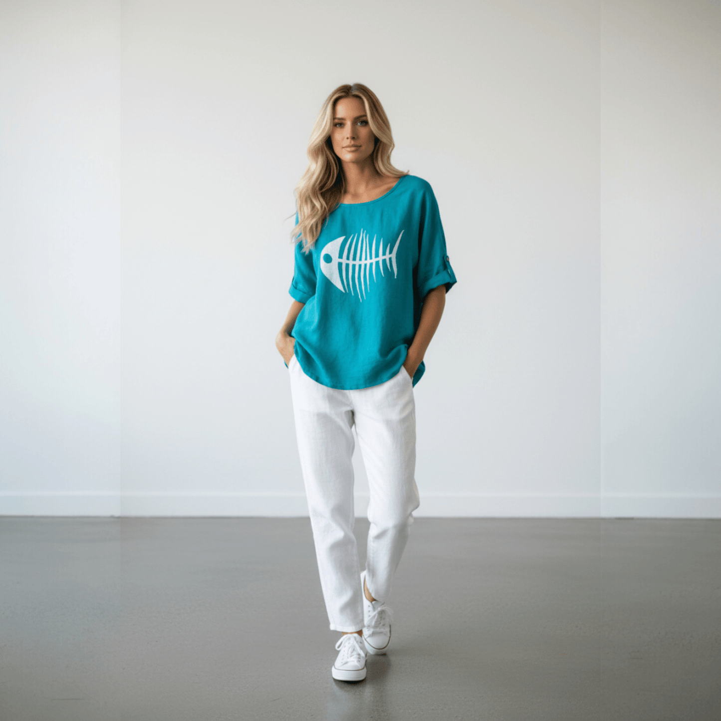 COTTON LINEN TOP  FISH PRINT