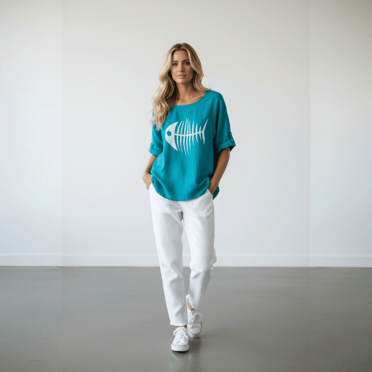 COTTON LINEN TOP  FISH PRINT