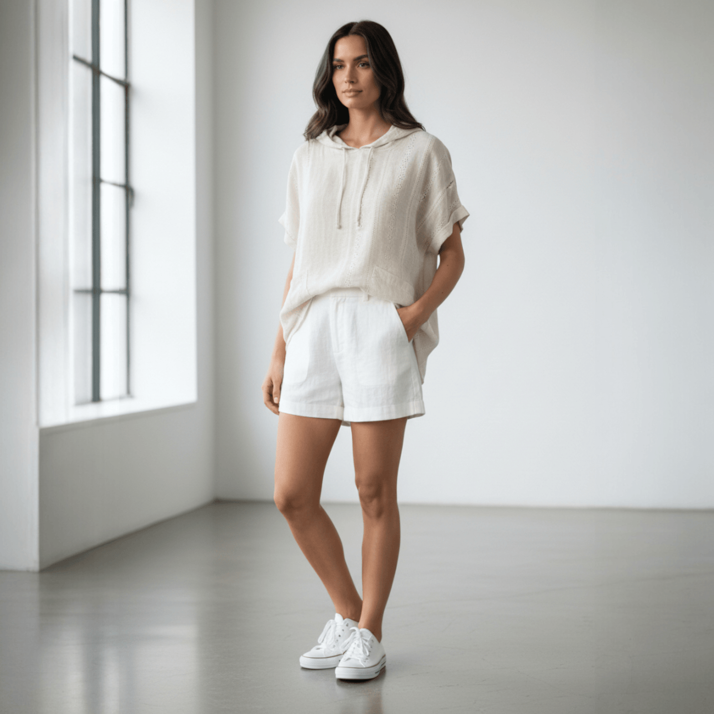 COTTON ANGLAISE MIX COT KNIT HOODIE TOP