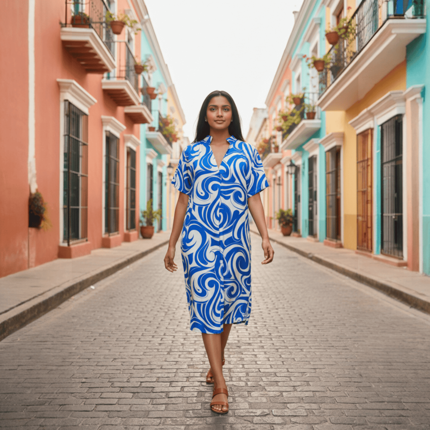 VISCOSE FRONT PLEAT SWIRL PRINT DRESS