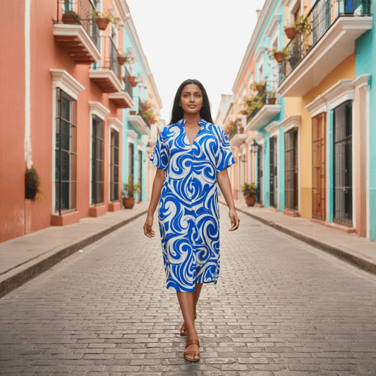 VISCOSE FRONT PLEAT SWIRL PRINT DRESS