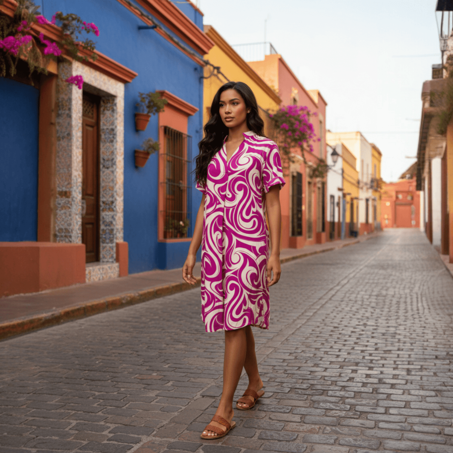 VISCOSE FRONT PLEAT SWIRL PRINT DRESS