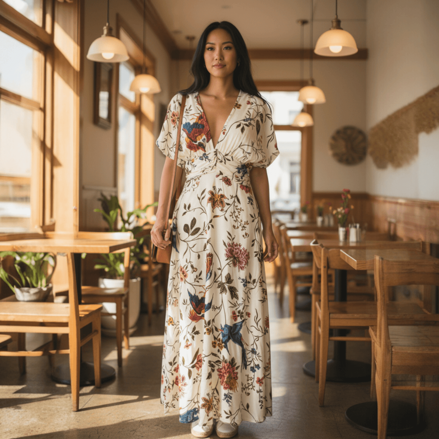 VISCOSE FLORAL ROUGING MAXI DRESS