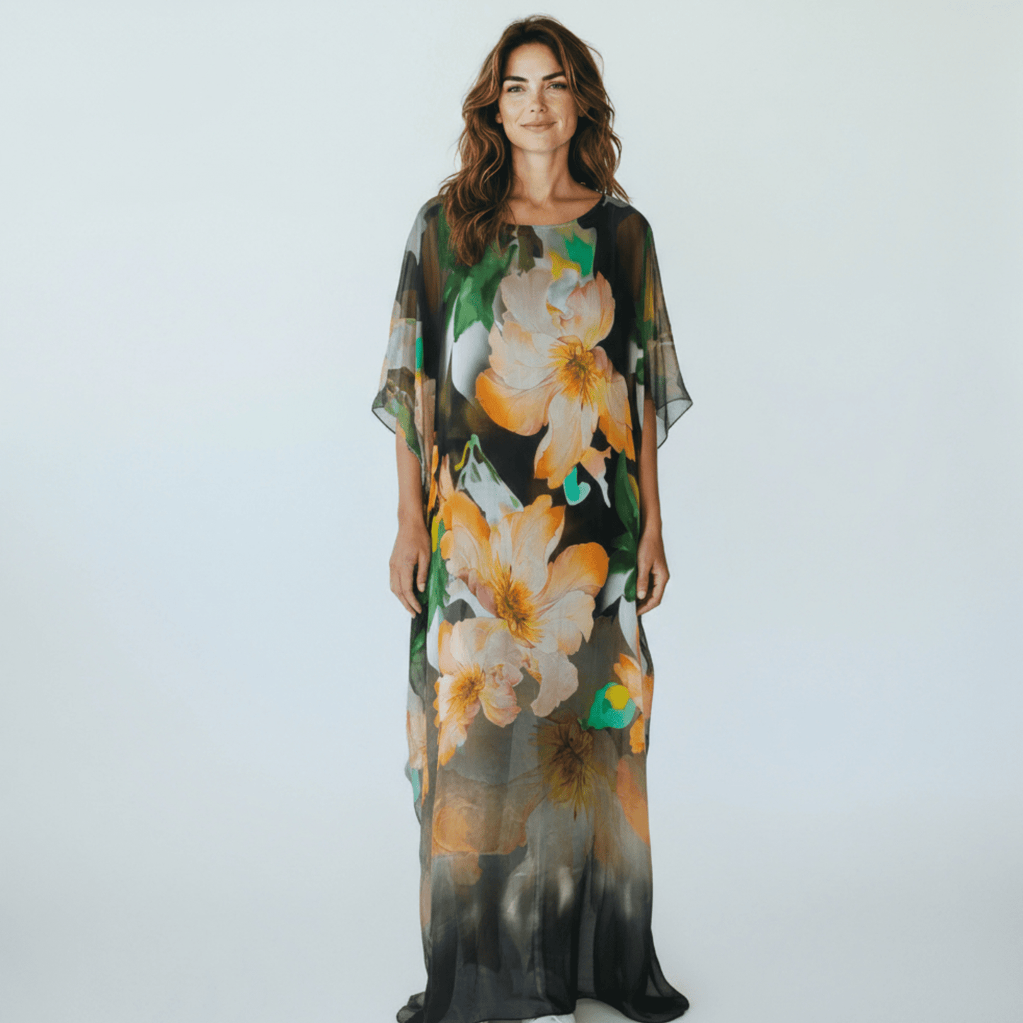 STELLA SILK MAXI FLORAL PRINT KAFTAN DRESS