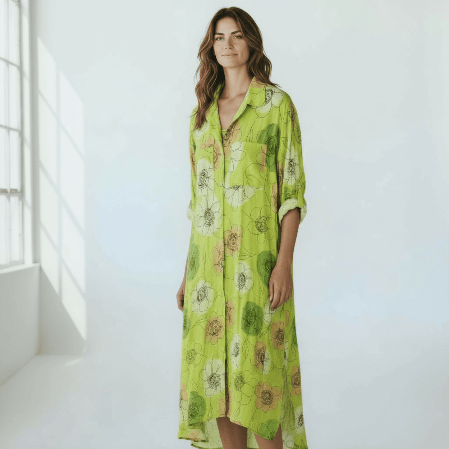 BELEN COTTON DOODLE FLOWER PRINT LONG SHIRT DRESS
