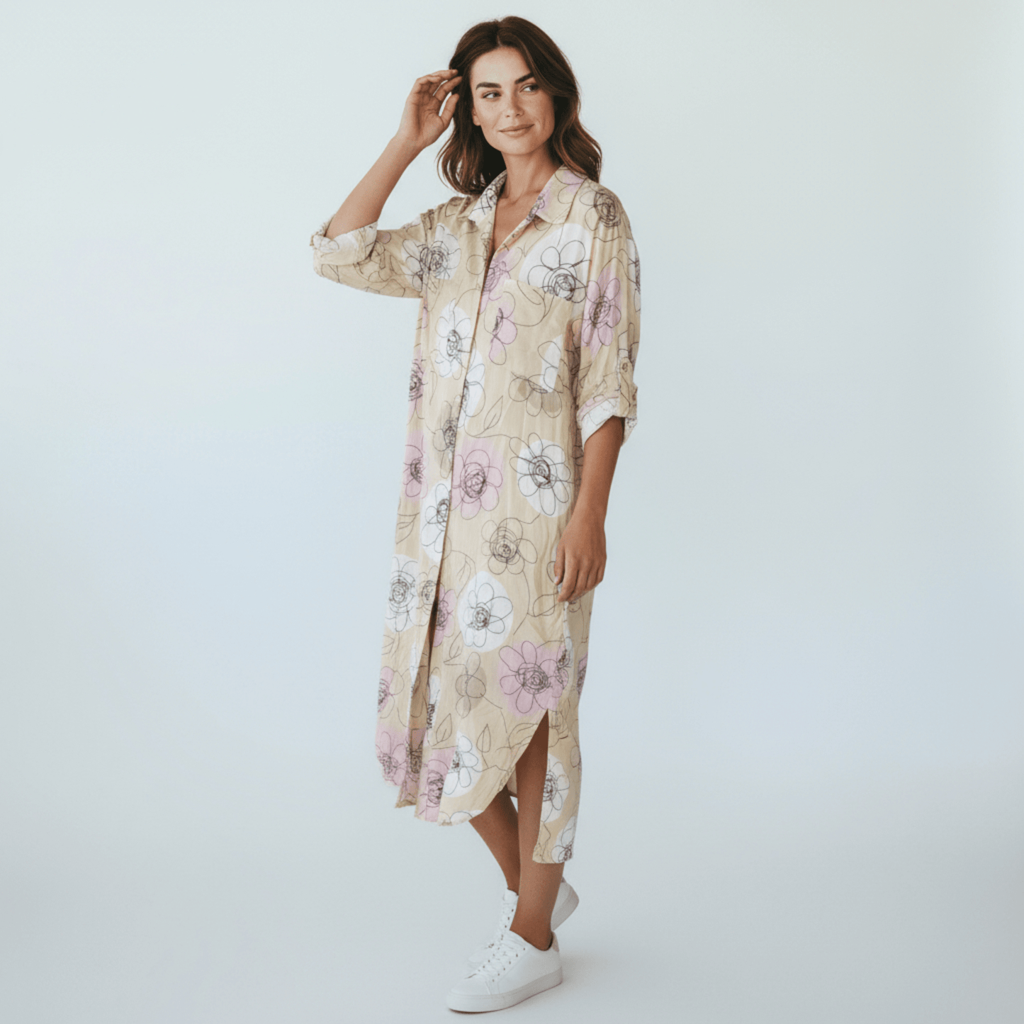 BELEN COTTON DOODLE FLOWER PRINT LONG SHIRT DRESS