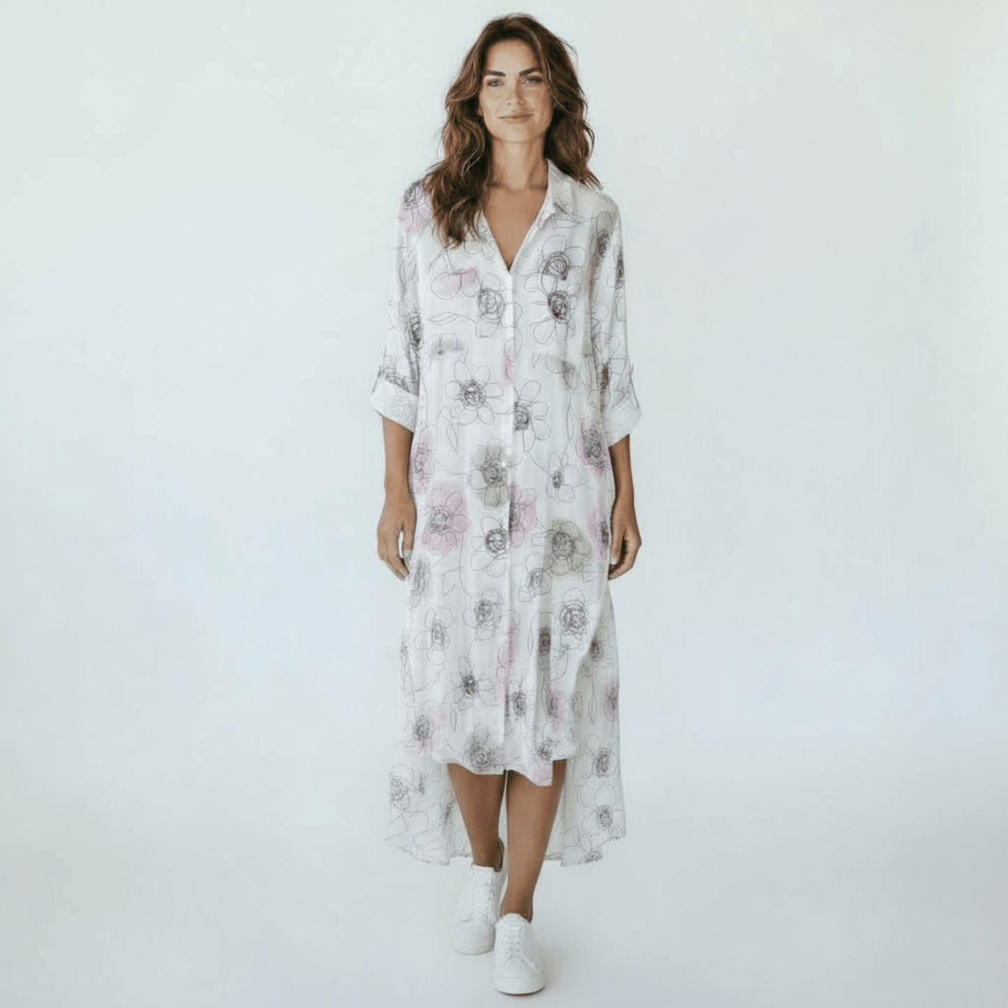 BELEN COTTON DOODLE FLOWER PRINT LONG SHIRT DRESS