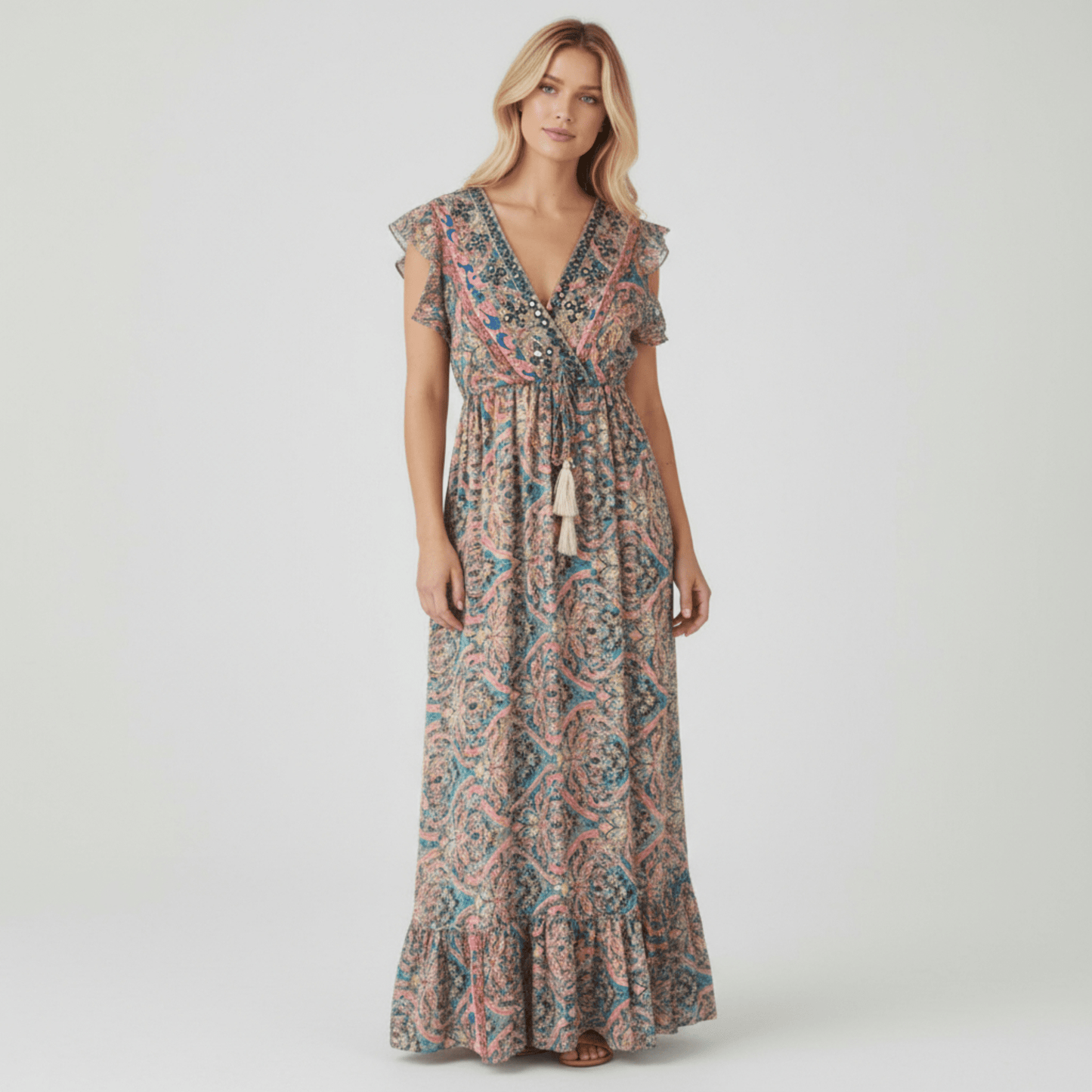 QUIN POLYSILK MIRROR TRIM MAXI DRESS