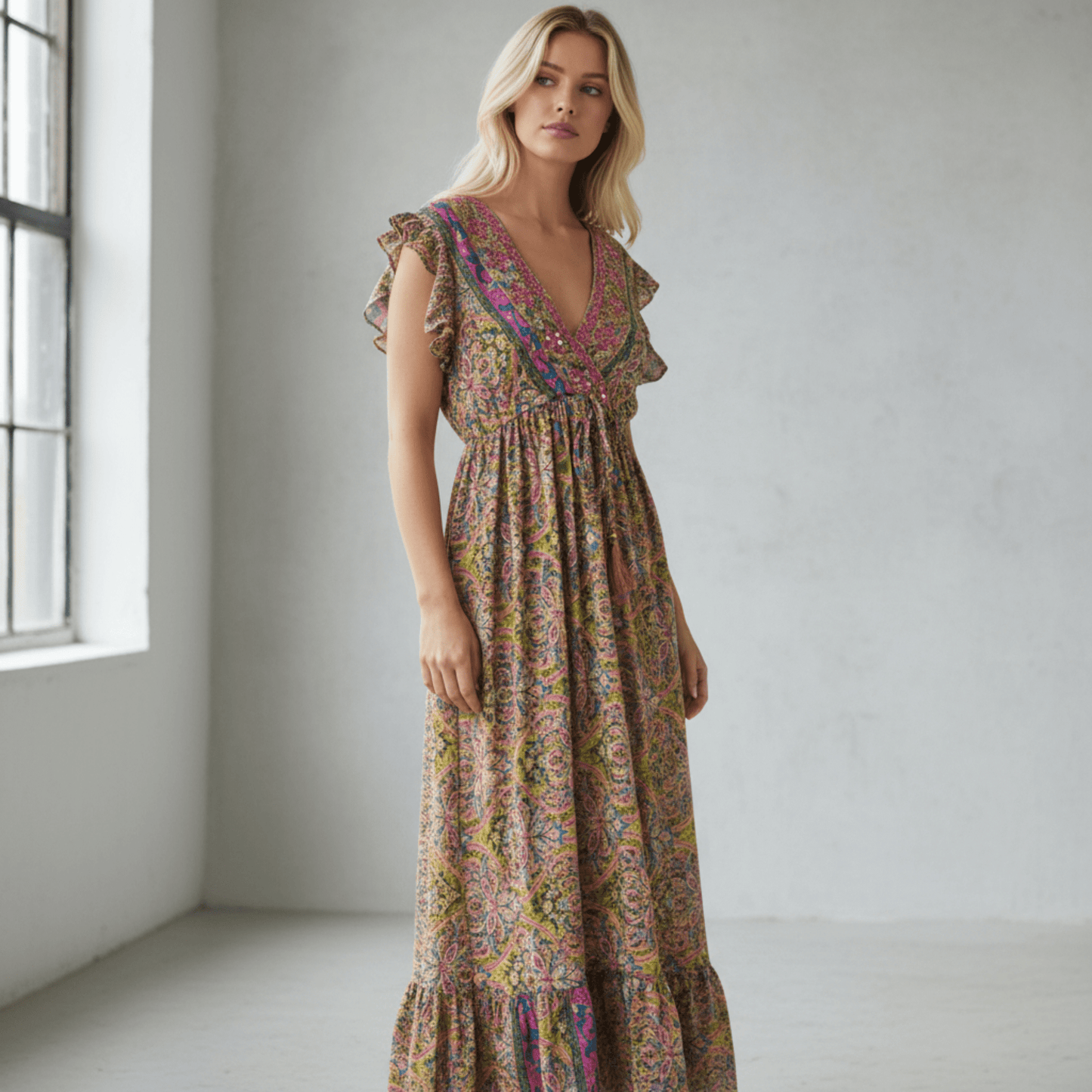 QUIN POLYSILK MIRROR TRIM MAXI DRESS